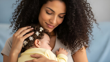 Mother holds baby close while resting on a light blue couch in a cozy room during the daytime with soft natural light coming through the window