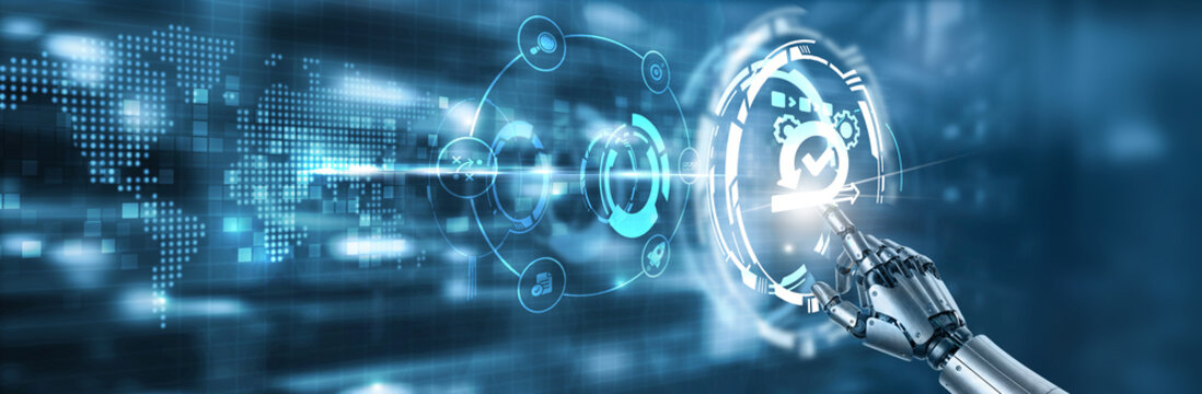 Touching the hand of robot agile representing agile methodology, adaptive workflow, teamwork, software development and innovation on digital interface.