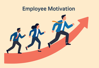 Employee motivation, achievement or success aspiration, leadership, teamwork or growth strategy, employee engagement career growth challenge, business people employee running on growth arrow path.