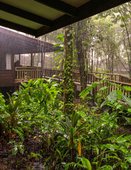 Wooden cabins in nature resort in Costa Rica rainforest during tropical downpour rainstorm