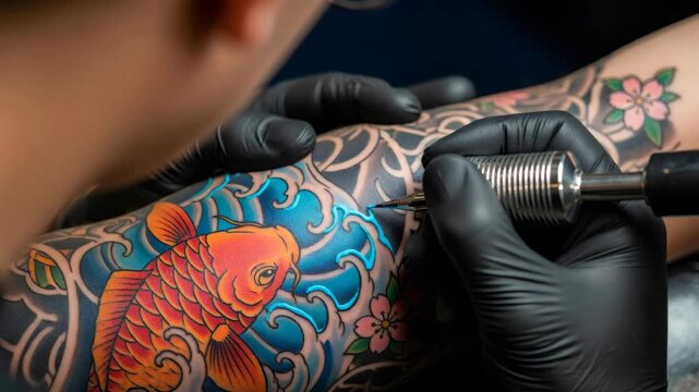 Tattoo artist working on a koi fish design on a womans arm with a tattoo machine. Body art process for personal expression.