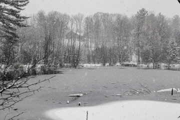 Winter riverscape in park Quebec Canada