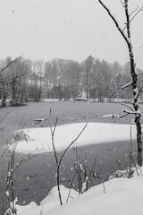 Winter riverscape in park Quebec Canada