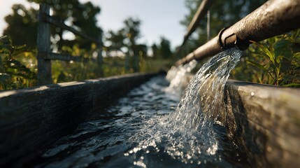 Water Flowing: A close-up shot of water gushing from a pipe into a trough. The image shows the movement of water, from the pipe and into the trough.