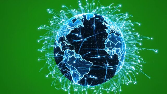 Rotating animated globe with glowing blue connections on green background
