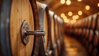 Rows of wooden barrels with metal taps inside a cellar. Craft beer or wine storage at brewery or distillery. Aged wood texture with warm