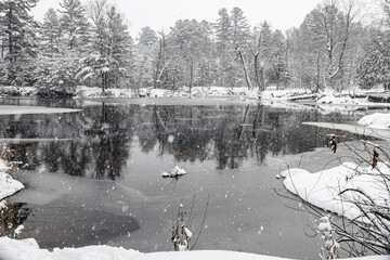 Winter riverscape in park Quebec Canada