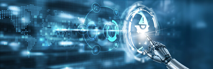 Obraz premium Touching the hand of robot risk management, business strategy, compliance, data protection, workflow optimization and corporate governance on digital interface.