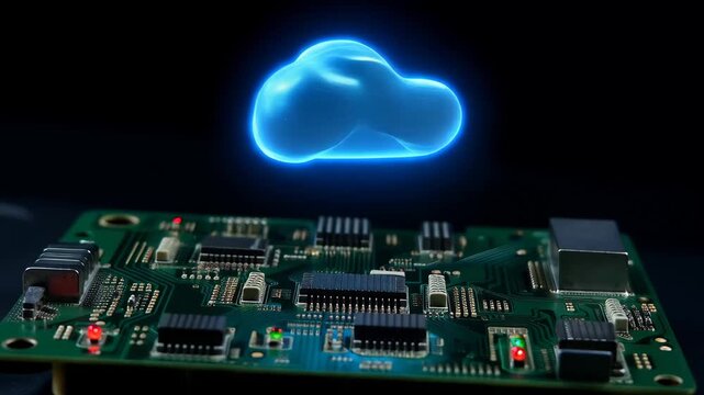 Cloud technology shows digital interface above circuit board with microchips and components in focus