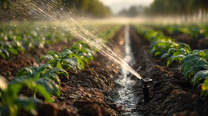 Irrigation of Green Crop Field: Capturing the vital role of irrigation in agriculture, a sprinkler sprays water across neat rows of vibrant green crop fields.