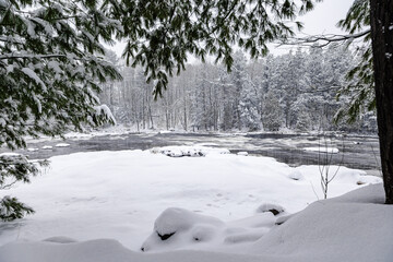 Winter riverscape in park Quebec Canada