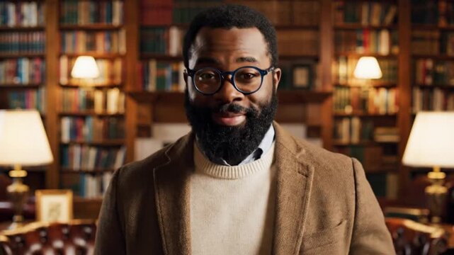 Smiling dark skinned man in glasses and blazer standing in a cozy library