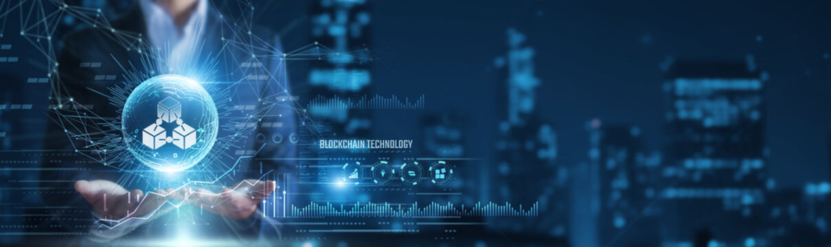 Businessman hands holding blockchain technology network and encrypted data, decentralized ledger system, digital transaction security concept