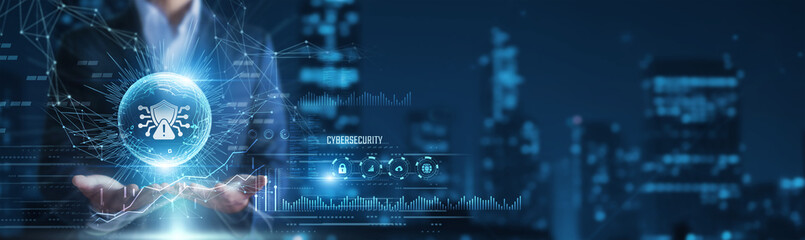 Businessman hands holding cybersecurity shield and threat data, network protection, digital risk management, information security concept © Shevon