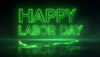 Neon green "HAPPY LABOR DAY" glows on dark backdrop with sparkling path. Celebration of workforce. Abstract