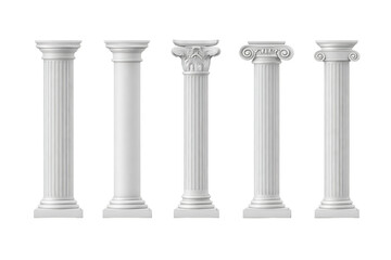 Obraz premium Comprehensive set of five classic architectural column orders including doric ionic and corinthian styles in white isolated on transparent background