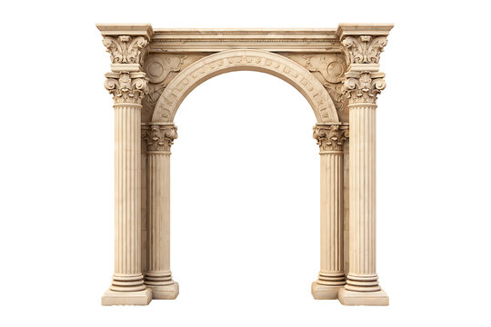 Grand aged stone archway with double corinthian columns and detailed sculptural reliefs for historical monument or palace entrance design isolated on transparent background