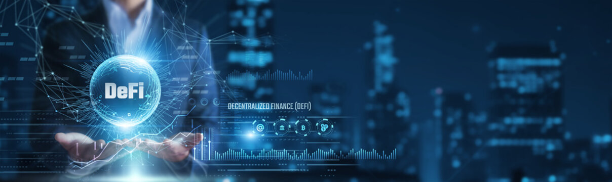 Businessman hands holding decentralized finance platform and blockchain data, crypto assets analytics, open financial ecosystem concept