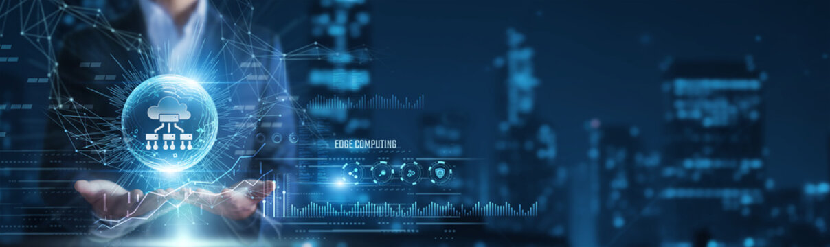 Businessman hands holding edge computing nodes and real-time data, low-latency processing, distributed network architecture concept