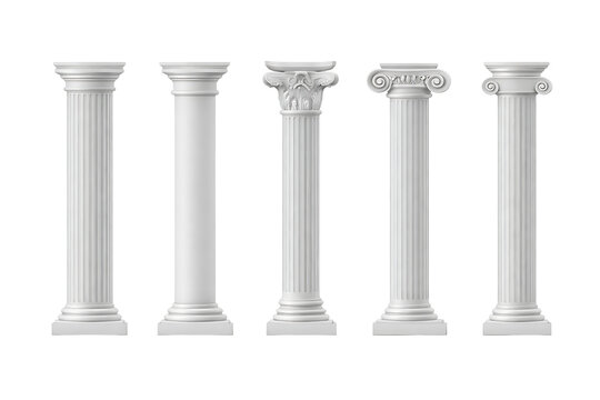 Comprehensive set of five classic architectural column orders including doric ionic and corinthian styles in white isolated on transparent background