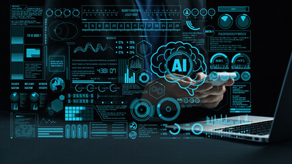 A futuristic setting showcases advanced AI data analysis with an interactive interface. The scene highlights technology's impact on research and business performance. Cipher