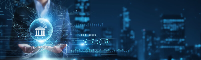 Businessman hands holding online banking interface and financial data, digital account management, secure electronic payment concept