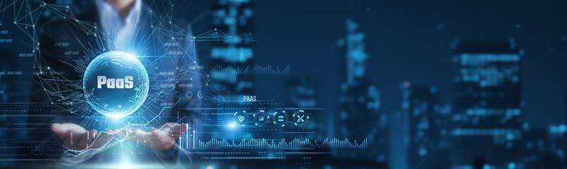 Businessman hands holding paas cloud platform and application data, scalable development...