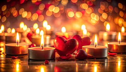 Romantic close-up featuring burning tea lights and vibrant red heart-shaped decorations. The background showcases a warm, blurred bokeh of light