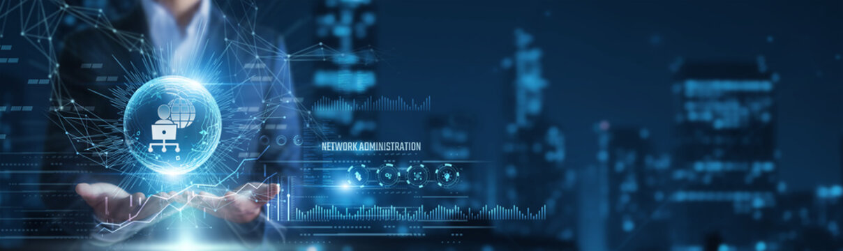 Businessman hands holding network administration and infrastructure data, system monitoring analytics, enterprise IT management concept