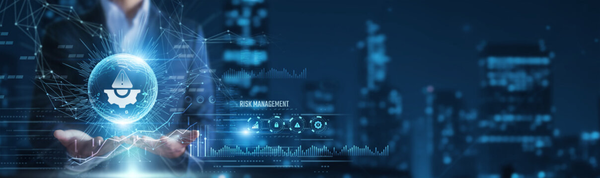 Businessman hands holding risk management and analytical data, threat assessment metrics, business continuity planning concept