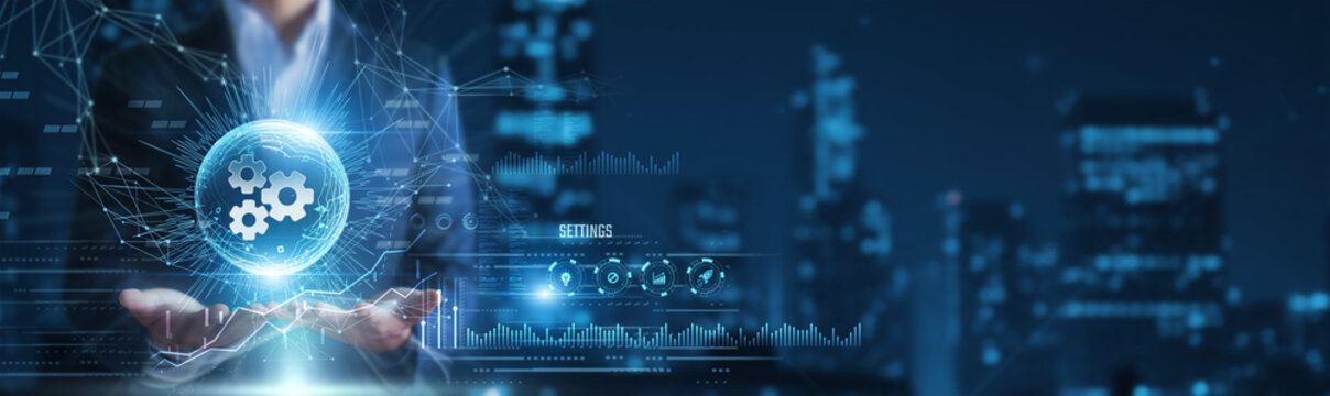 Businessman hands holding settings and configuration data, system customization options, software adjustment interface concept