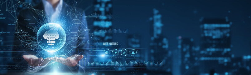 Businessman hands holding web hosting servers and uptime data, cloud hosting infrastructure, online service reliability concept