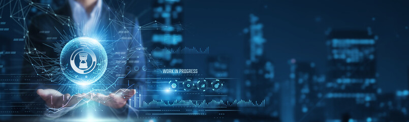 Businessman hands holding work in progress indicators and development data, ongoing project status, business process evolution concept