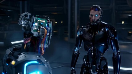 Robots interact in a high-tech lab setting while exploring advanced technology and artificial intelligence - Powered by Adobe