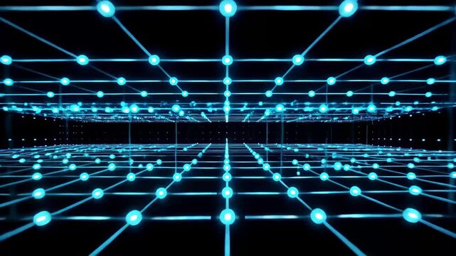 Exploring a 3D grid of blue lights in a dark space from various angles and perspectives