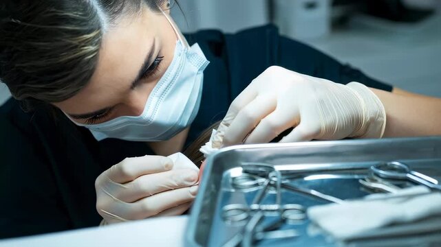 Woman piercer cleaning ear after new cartilage piercing. Professional body modification art using sterile tools and safety.