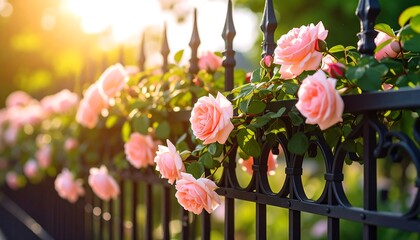 Soft focus image of a black ornate wrought iron fence, lined with pastel pink rose blooms. Sunlight bathes the scene