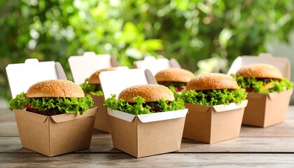 Six burgers, nestled in eco-friendly paper boxes on a weathered wooden surface, with a lush green backdrop