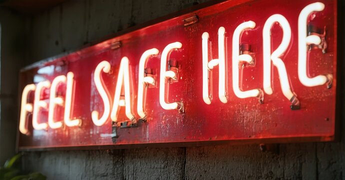 Bright red neon sign displays words feel safe here. Rustic background suggests urban setting, nighttime ambiance.