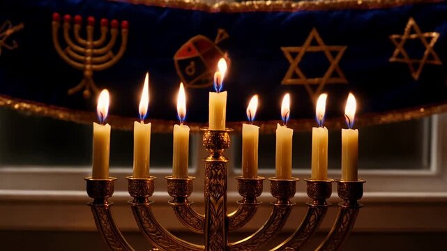 Menorah shining with candles during Hanukkah celebration at home in the evening light