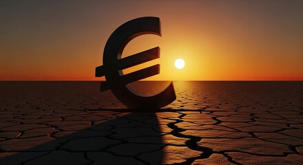 3D rendering of large metallic Euro currency symbol standing in dry cracked desert soil at sunset representing economic crisis inflation and financial drought