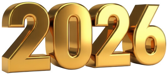 Shiny golden 2026 3D rendered text on transparent background, ideal for new year celebrations and calendars