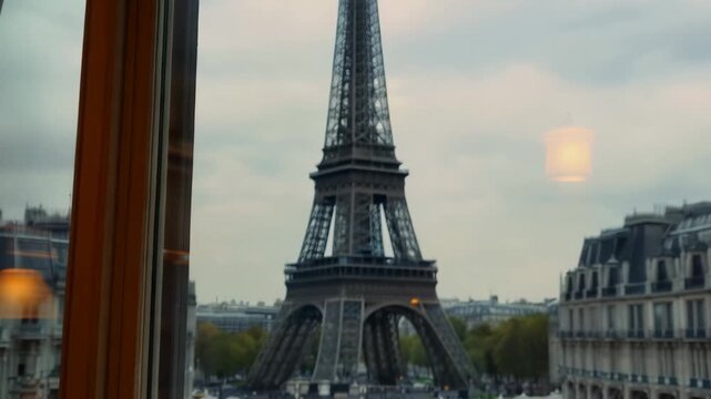 View of Eiffel Tower from Paris cafe window on a cloudy afternoon