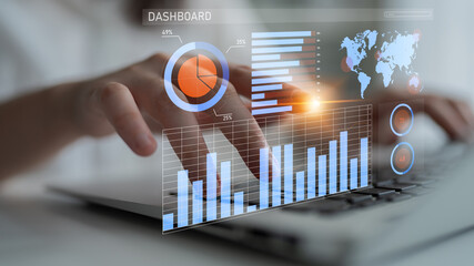 Dynamic business analysis scene with hands on laptop keyboard and vibrant data visualizations, showcasing insights and trends in modern financial workspace. Impute