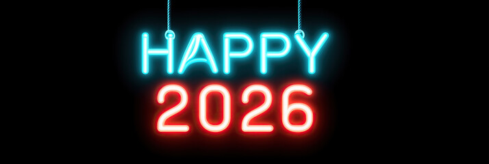 Vibrant neon lettering announces joyful upcoming year against dark backdrop.
