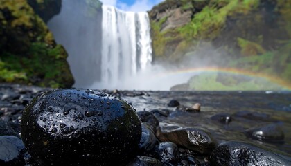 A majestic waterfall cascades into a river, with a rainbow arching across the spray. Black rocks are in the foreground