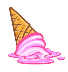 simple cartoon soft serve pink strawberry berry icecream in waffle cone dropped on ground and melting isolated on transparent background vector