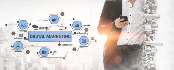 A businessman stands confidently with a smartphone, showcasing the dynamic world of digital marketing. Graphics highlight key concepts like social media and ecommerce strategies. Tessel
