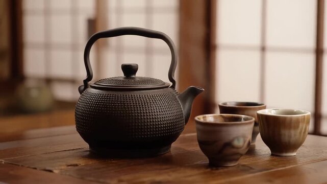 Making tea with a cast iron teapot in a traditional setting in Japan