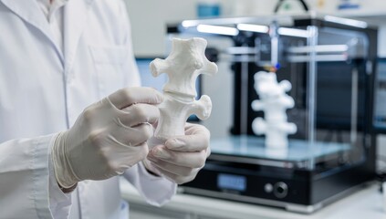 Doctor Holding 3D Printed Bone Model in Lab. Represents medical innovation, MedTech, prosthetics, surgery planning, and future healthcare.